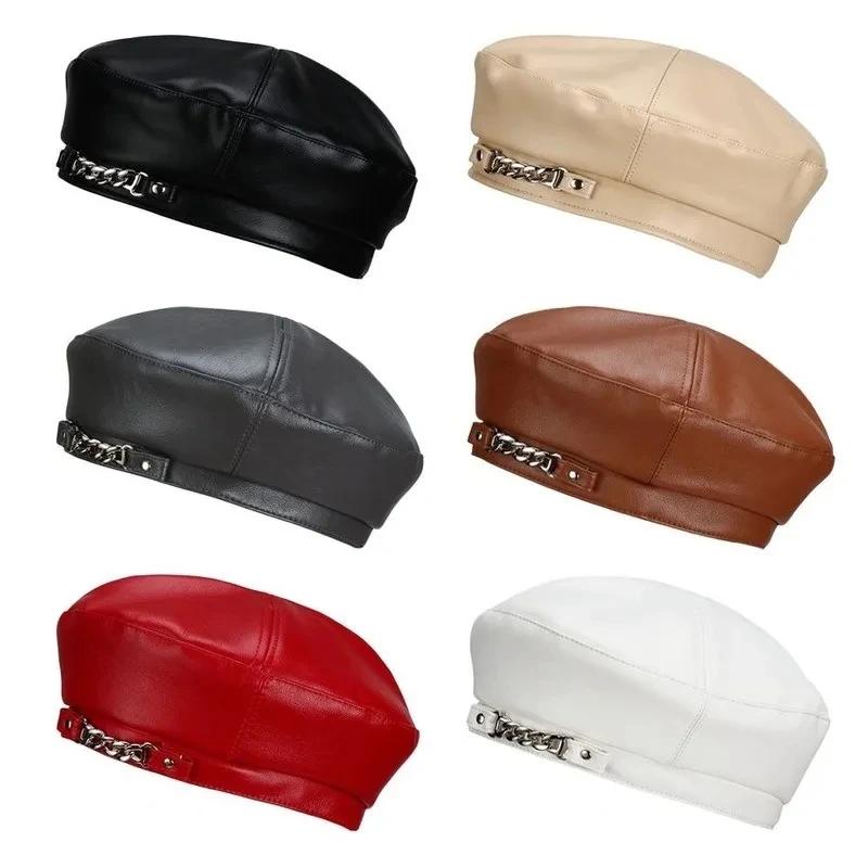 2025 New Women Pu Leather Winter Hat Chain Barette Hat Painter Berets Caps for Ladies Girls Hats Trendy Hat Elegant Beret
