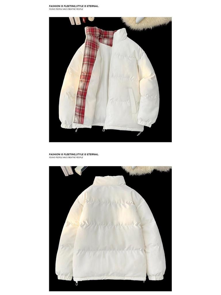 Unisex Black Plaid Patchwork Cotton Jacket – Warm Stand Collar Winter Outerwear