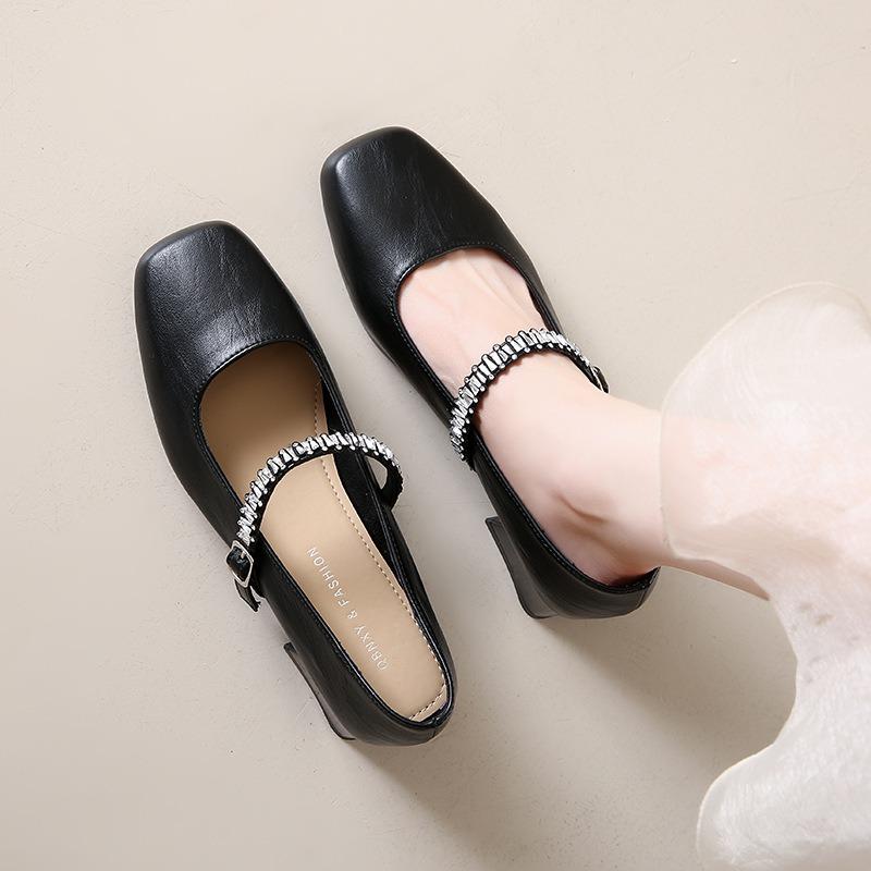 25 summer new temperament rhinestone single shoes square head retro Mary Jane shoes thick heel elegant with skirt