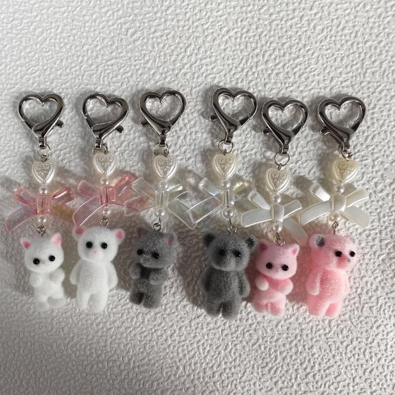 Handmade Bowknot Keychain Bear Cat Pendant Keyring Fashionable Bows Phone Lanyard Ornament Accessory for Keys Bag Purse