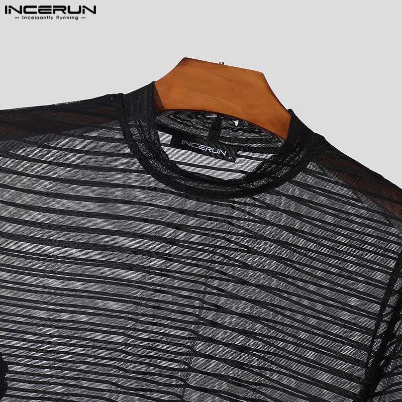 INCERUN Men Round Neck Mesh Striped T Shirts Summer Beach Party Short Sleeve See Through Tops 