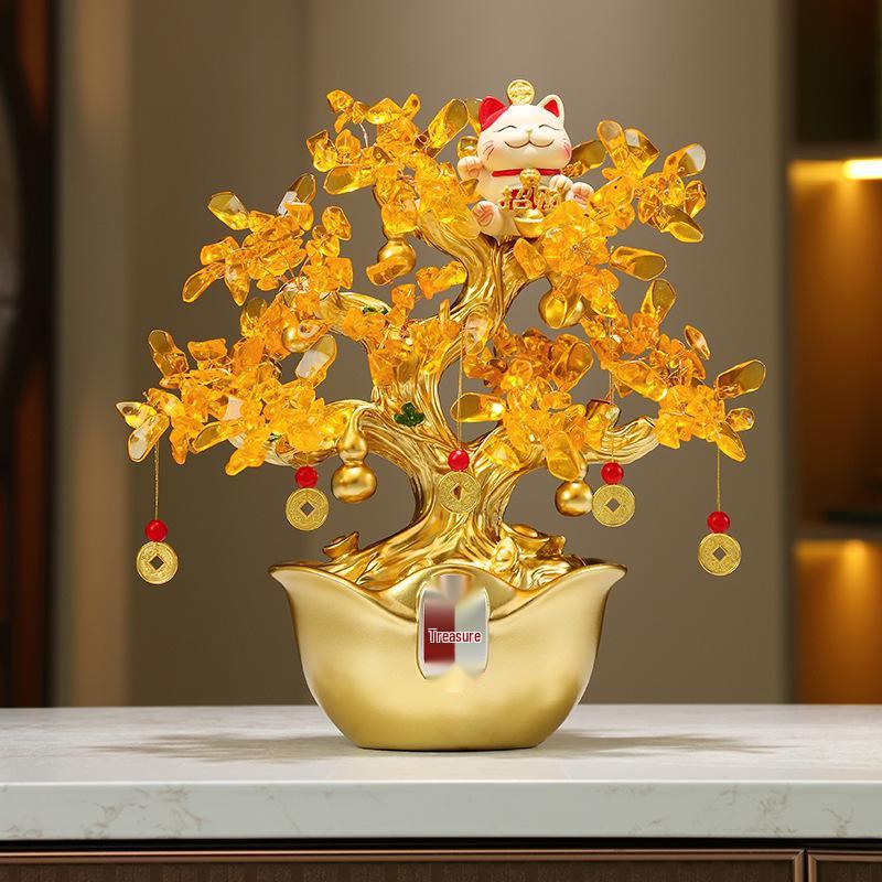 Crystal Money Tree Ornament: Lucky Cat Treasure Bowl for Living Room, Office, Shop, or TV Cabinet Decoration