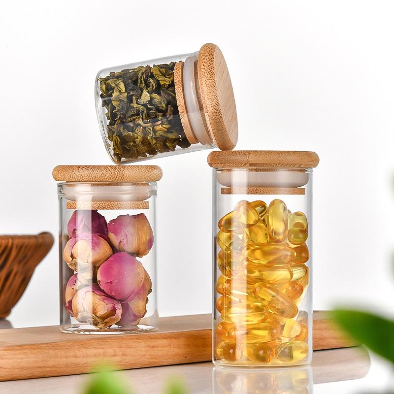 Round Glass Jar with Bamboo Lid, 47mm - Ideal for Tea, Dried Flowers, Kitchen Storage, Candy, and Incense.