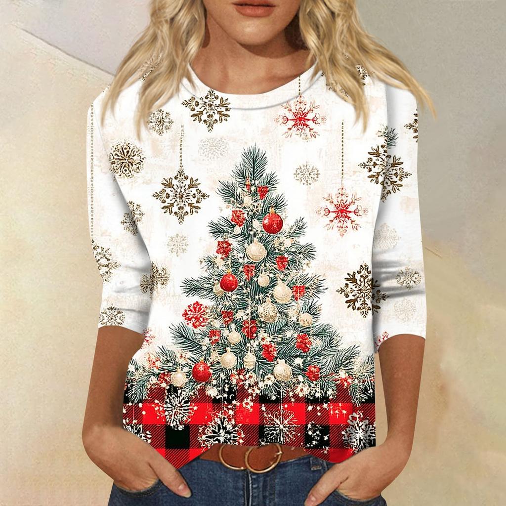 Women's Fashion Casual Round Neck 3/4 Sleeve Loose  Printed T-Shirt Ladies Top