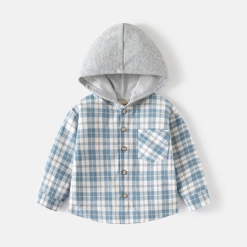K-style Children's Clothing Spring and Autumn Boys' Long-Sleeved Shirt Kids Gingham Hooded Shirt Baby Boy Casual Long Sleeve Tops