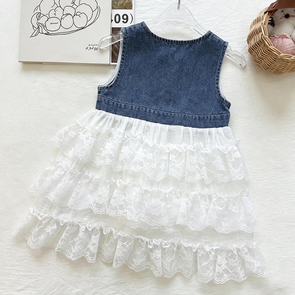 Meisjes Denim Kant Patchwork Mouwloze Jurk - Zomer 2026 Prinsessenstijl