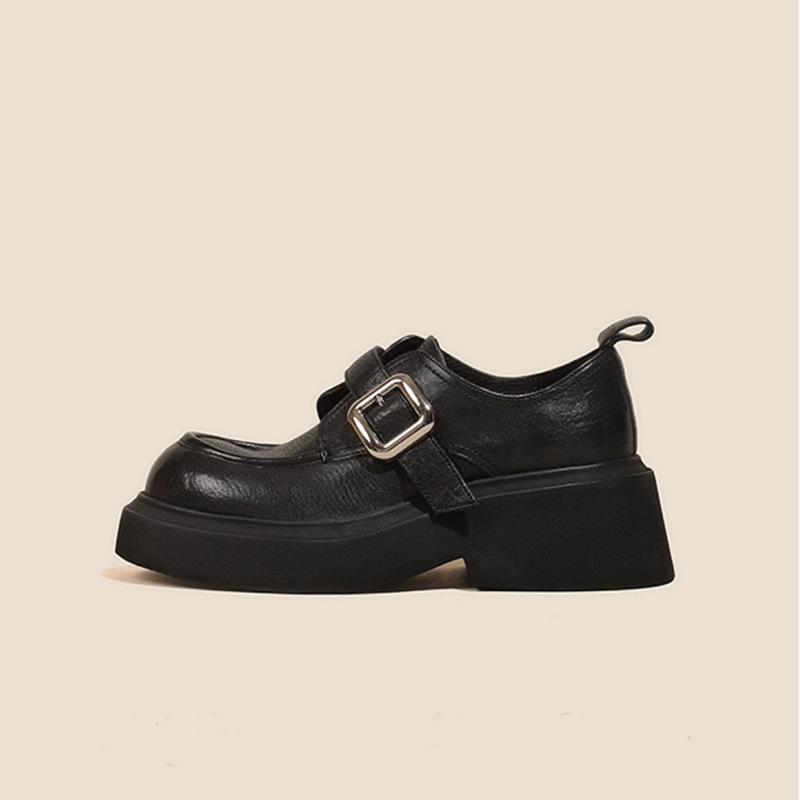 

Washed soft leather~ soft leather retro one-pedal platform small leather shoes women s autumn and winter British style thick heel loafers single shoes 40