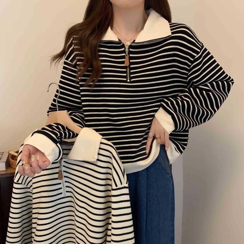 Polo lapel zipper top women's early spring contrasting stripes loose long-sleeved bottoming shirt niche sweater
