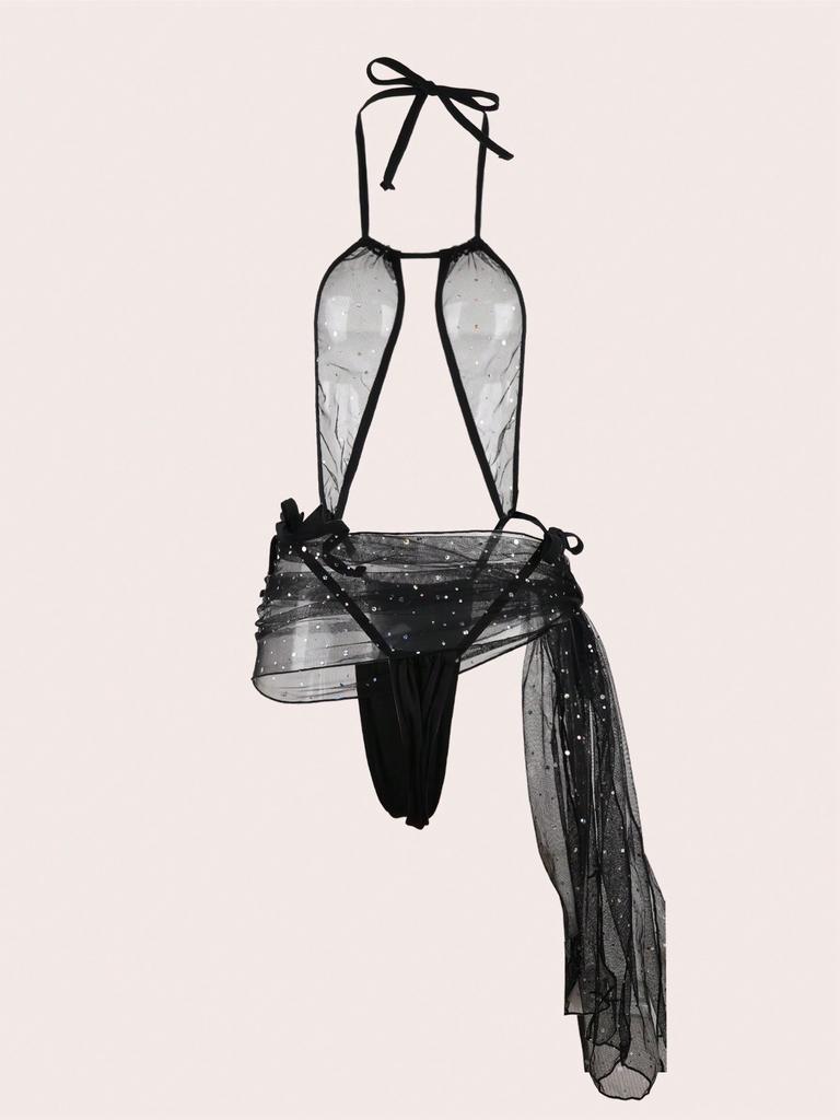 2 Pieces Women's Backless One-Piece Slim-Fit Lace-Up Skirt Mesh See-Through Pure Camisole Underwear Set