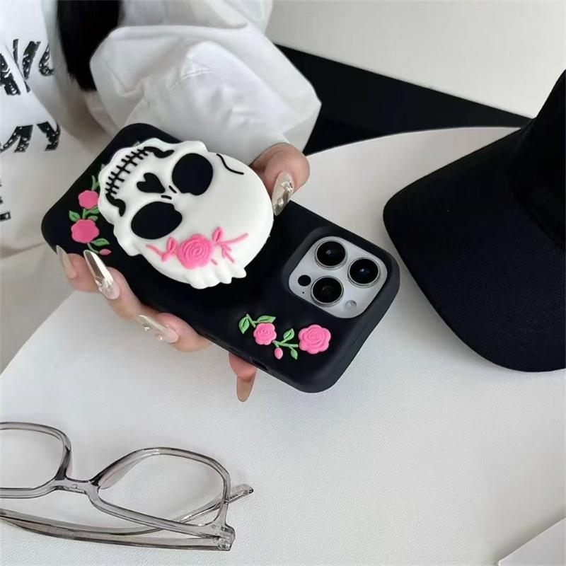 3D Skeleton Flower Holder Phone Case For iPhone 17 16 15 14 13 Pro 12 11 Pro Max Soft Silicone Cover