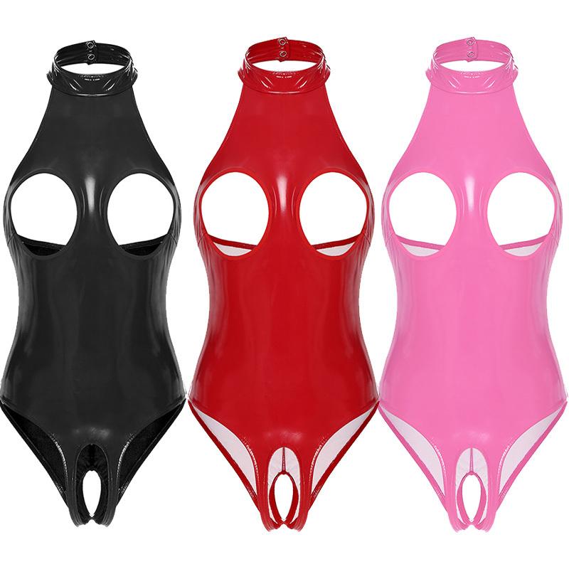 Sexy Womens Cutout Faux Leather Bodysuit Halter Neck Backless Lingerie One Piece Teddy Costume