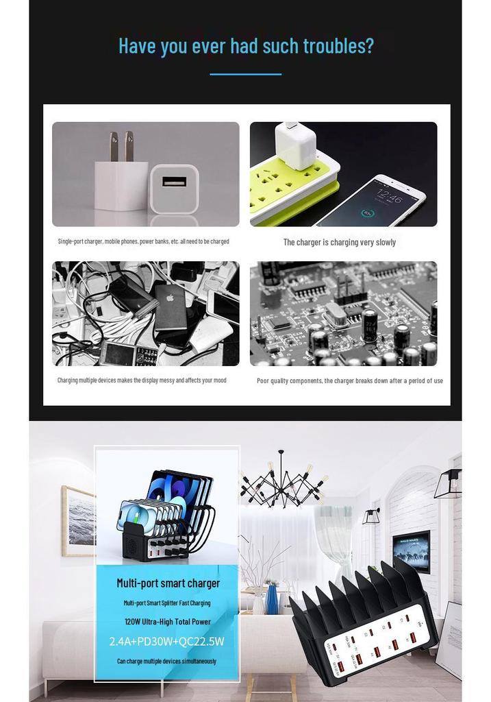 Desktop 120W Multi-Port Charger: 10-Port USB Fast Charging Station for Phone & Laptop, 5C+5A.