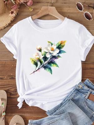 (Asya Boyutu) Kadın T-Shirt Çiçek Trend 90'lar Stili Sevimli Kısa Kollu Tişört Üst Giyim Moda Baskı Bayan Rahat Kadın Grafik Tişörtler