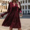 Spring Fall Women Dress Golden Velvet V Neck Pleated Patchwork Long Sleeves A-line Solid Color Knee Length Dating Shopping Midi Dress