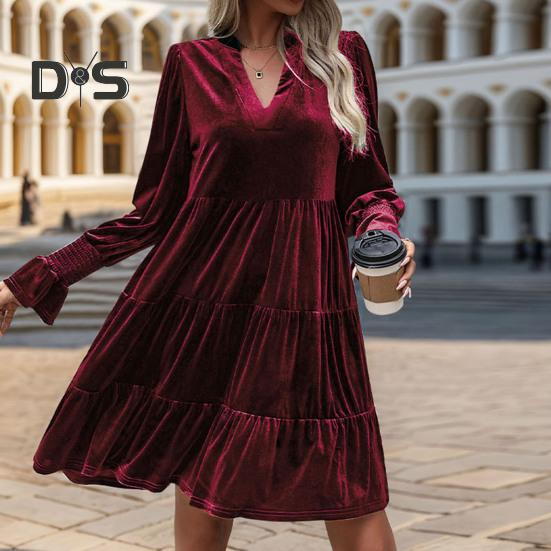 Spring Fall Women Dress Golden Velvet V Neck Pleated Patchwork Long Sleeves A-line Solid Color Knee Length Dating Shopping Midi Dress