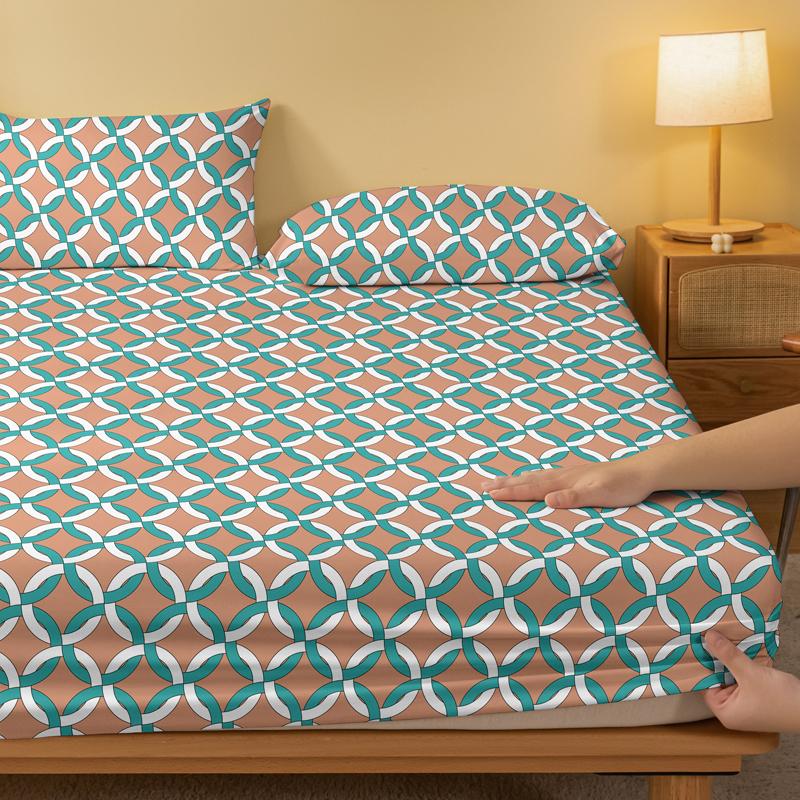 1 Simple Modern Circle Geometry Printed Matte Fitted Sheet, Bedroom Printed Bed Cover, Bedding (Excluding Pillowcases)