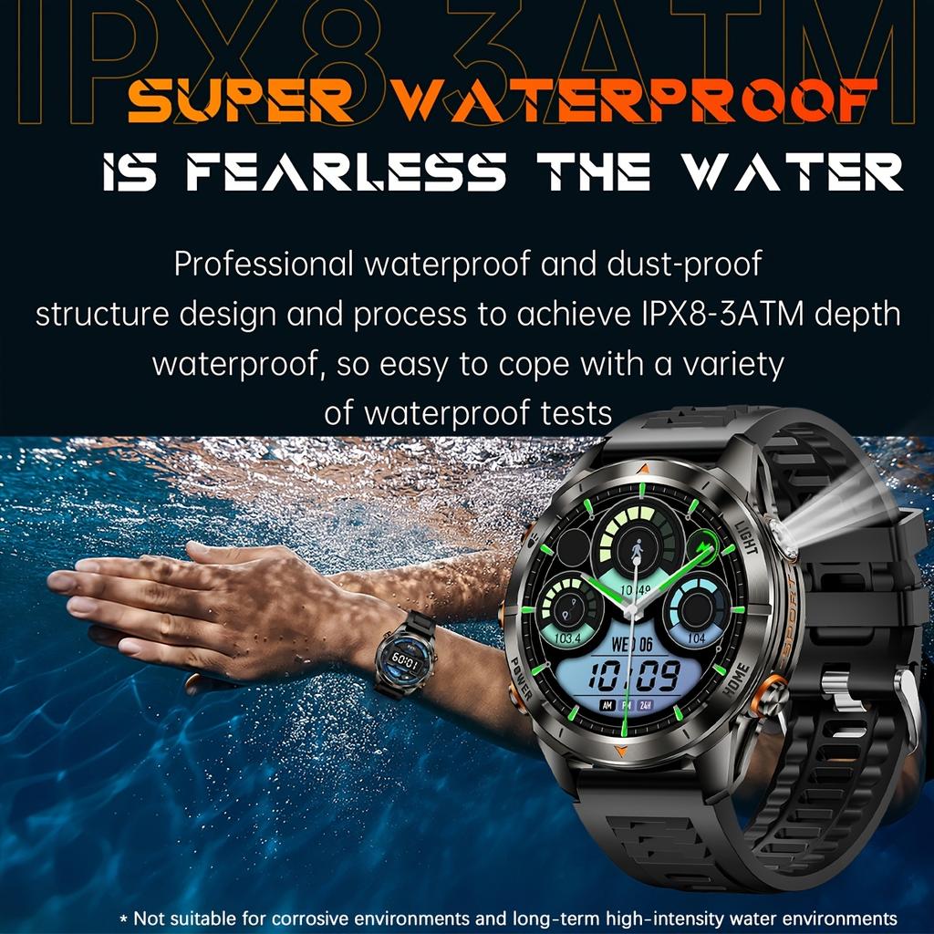 New Sport Smart Watch Men 1.46" AMOLED Screen LED 10ATM Waterproof Flashlight 515mAh Battery Heart rate BT Call Smartwatch