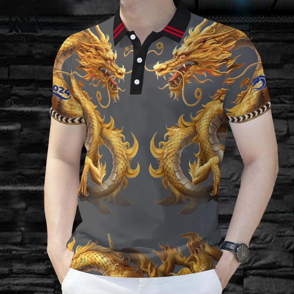 Fashio POLO Shirt For Mens Dragon Pattern Short Sleeve POLO Shirt Slim Men's POLO Shirt
