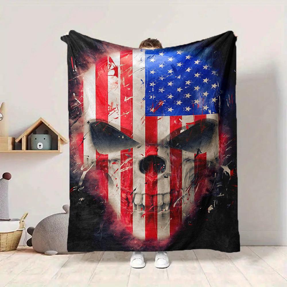 

1pc Patriotic Skull Blanket, Lightweight Flannel Blanket For Sofa, Bed, Travel, Camping, Living Room, Office, Couch, Chair228 130cmx150cm