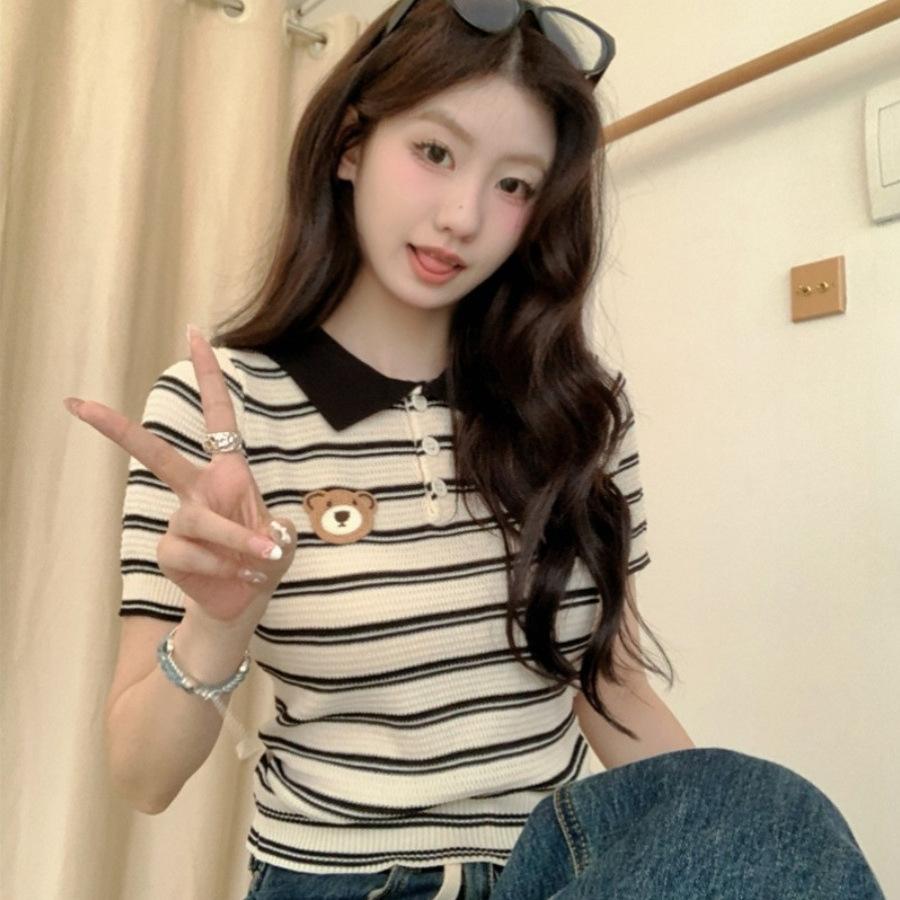 Design sense contrasting colors striped slim and thin short-sleeved Polo collar T-shirt summer versatile fashion niche top
