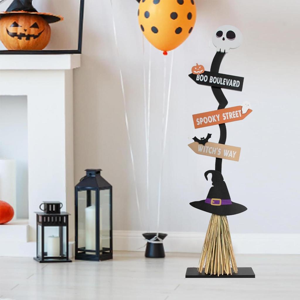 Halloween Witch Broom Wood Sign Room Decor Halloween Decorations For Indoor Outdoor Front Door Porch Lawn Garden Living Room