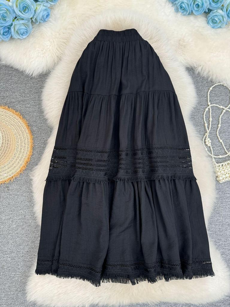 European & American Cross-border Tassel Patchwork A-line Midi Skirt - Versatile Pleated Style for Women's Commuting
