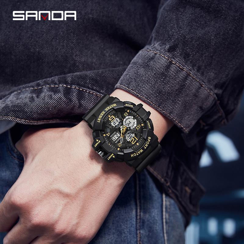 SANDA 3168 Fashion News Style Sport Wrist Watch Men Wristwatch LED Digital Quartz Dual Display Male Watch Waterproof 2024