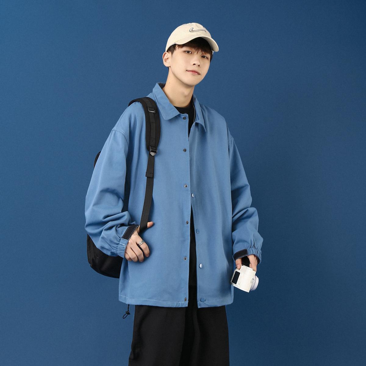 

Мужская куртка-коуч, весенняя, повседневная, универсальная, осенняя одежда, однотонное пальто, большой размер для полных, бейсбольная куртка, корейская версия, топ мужской XXXL (155-90kg wearable) синий