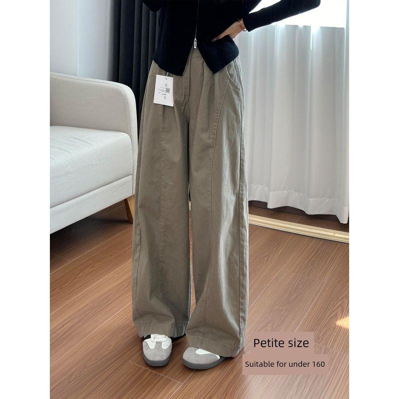 Khaki American-Style Straight-Leg Curved Pants for Women, Summer Thin Plus-Size Slimming Wide-Leg Casual Cargo Pants