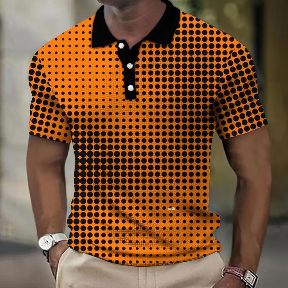 Men's 3D Plaid Print Casual Loose Short Sleeve Polo Shirt