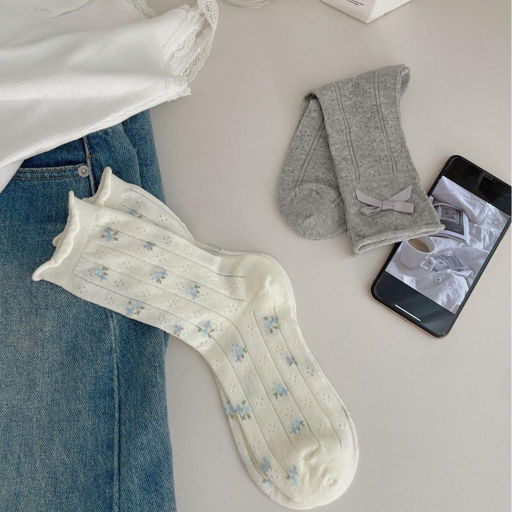 Love Hollow Atmosphere Sense Bow Pile Socks Women Light And Breathable Mid-Leg Socks Sweet Floral Lolita