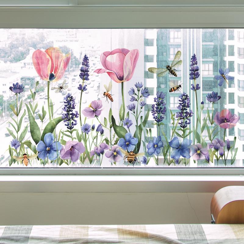 Spring Flowers Window Stickers Glass Static Sticker for Bedroom Living Room Decor Art Decals Kids Girl's Room Decoration Mural