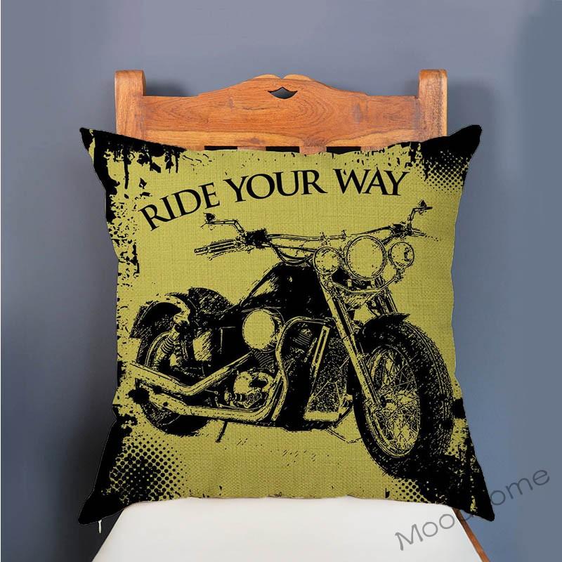 Retro Motorcycle Poster Art Letter Print Ride Your Way Home Decoration Throw Pillow Case Vintage Motor Bike Sofa Cushion Cover