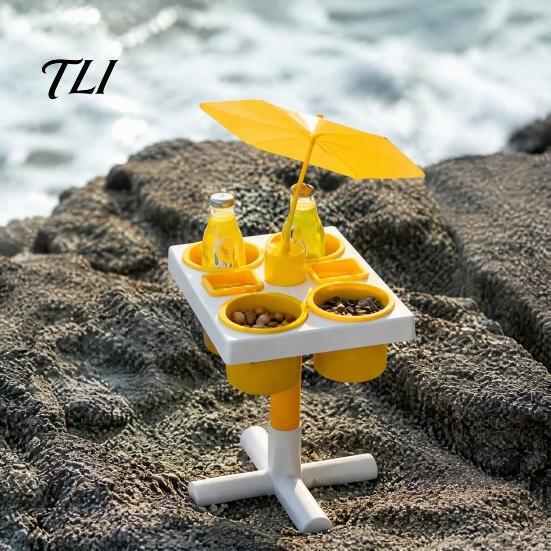 Portable Outdoor Tray Beach Snack & Drink Table, 3D Printed Sand Table with 6 Compartments, Travel Coffee Cup Holder Mini Beverage Slots for