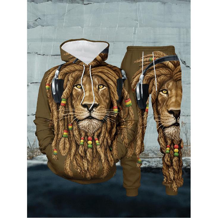 Men S Casual 2pcs Sweatshirt And Jogger Pants Set with 3D Printed Reggae Dreadlocks Lion Pattern S