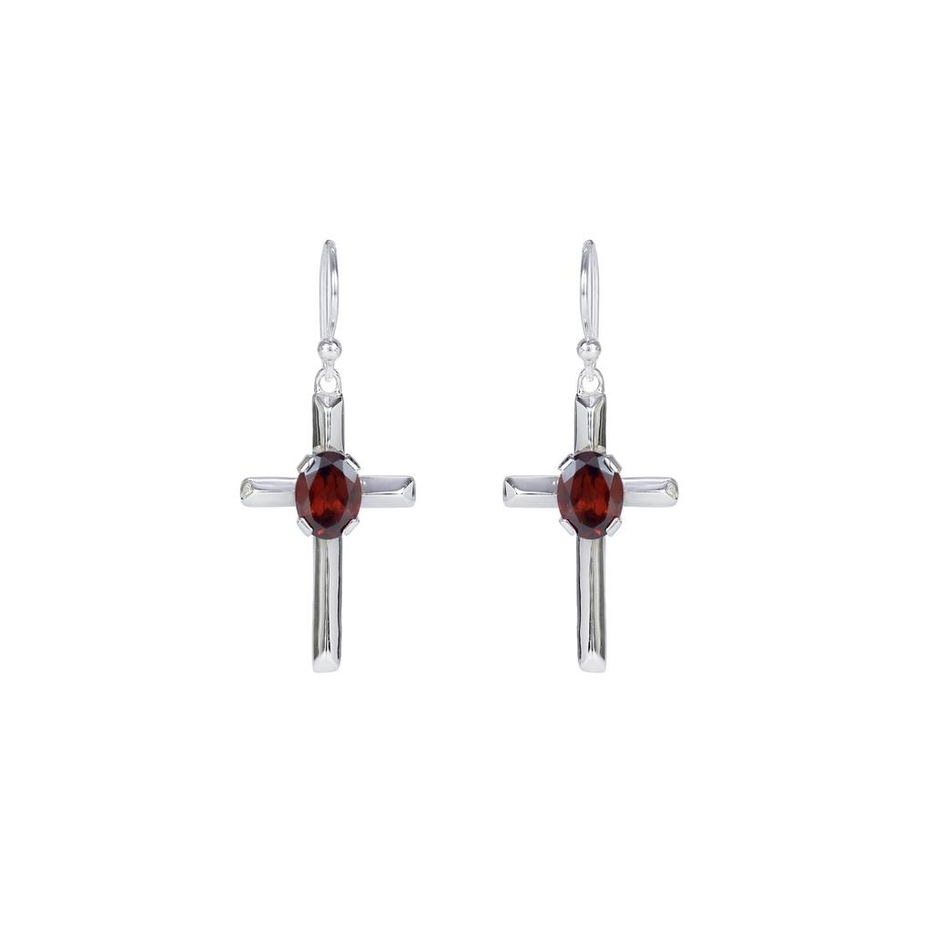 Sterling Silver Cross Earrings: Minimalist Red Garnet Religious Jewelry