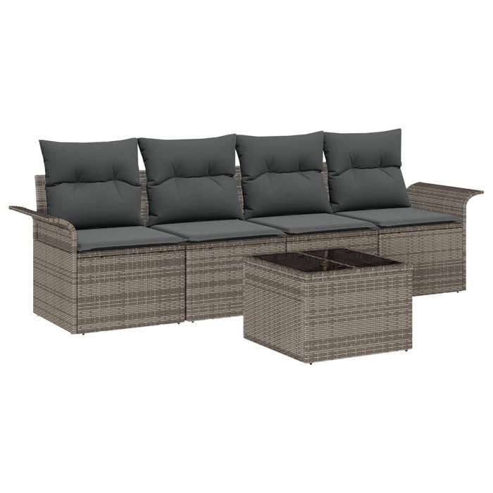 Ensemble de canapé jardin vidaXL de 5 pièces avec coussins Gris Poly Rattan 3353898