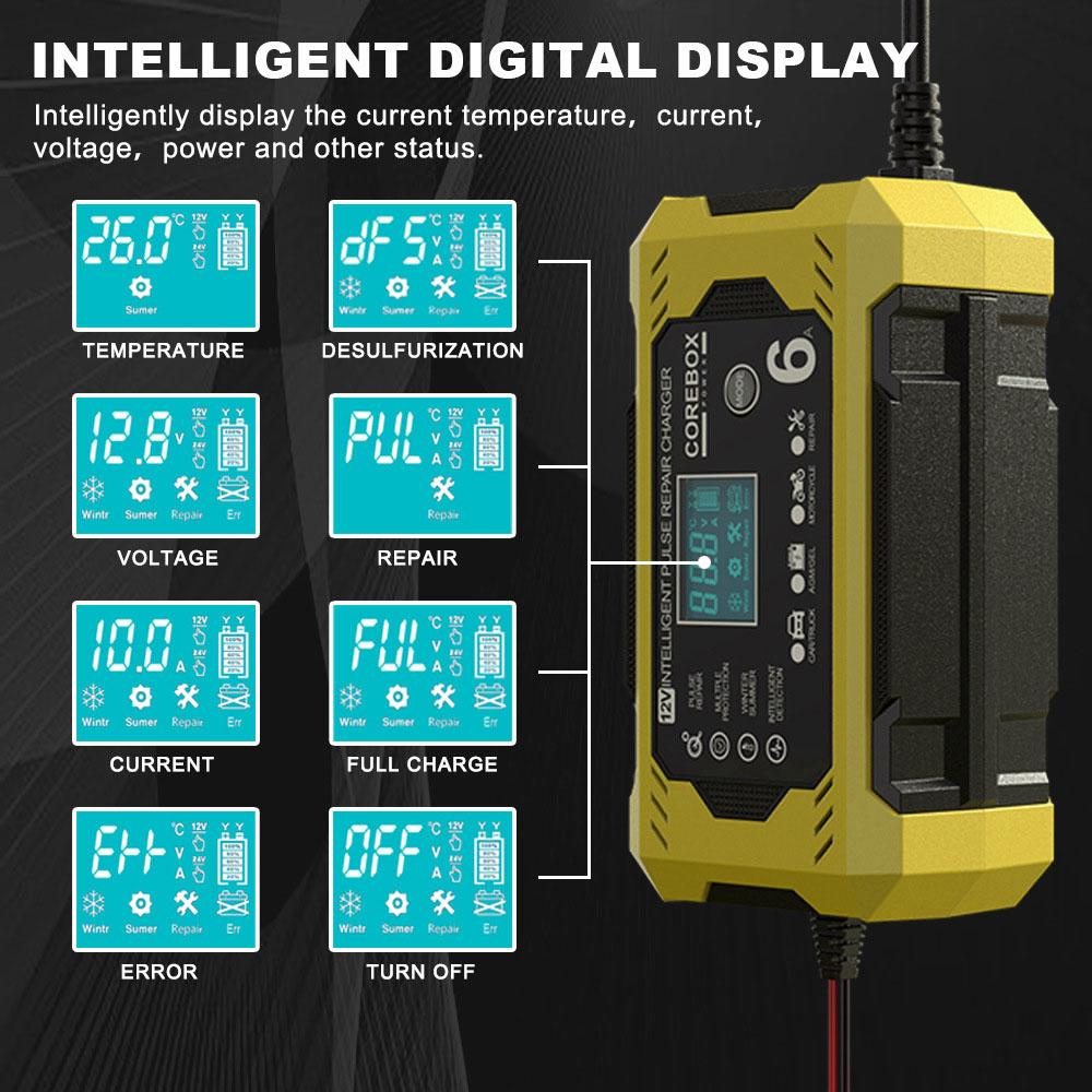 High Power For Motorcycle SUV Truck Pulse Repair Battery Charging Intelligent LED Display Smart Car Battery Charger Multifunctional 12V/6A