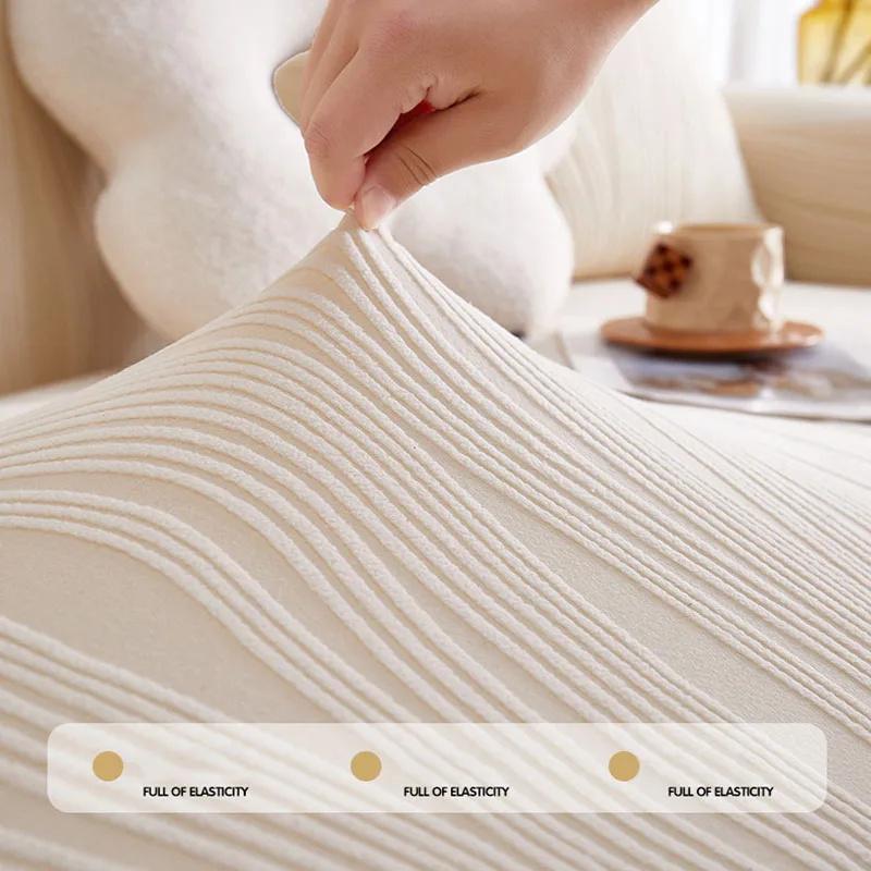 Elastischer Wellen-Jacquard-Sofabezug Gestreift Solider All-Inclusive-Staubschutz für Wohnzimmer Plüsch Anti-Katzenkratz-Sofaschutz