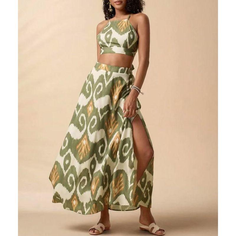 New Vacation Print Elegant Two-piece Set Sling Sleeveless Top and Slit Skirt sets Women