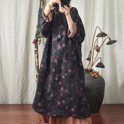 Frauen Chinesischen Stil Leinen Kleider Oansatz Langarm Roben Herbst Kleidung Hohe Qualität Druck Blumen Kleider