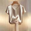 Women's Short-sleeved Satin  Color Top, Elegant Summer V-neck Pearl Button Blouse, Casual Formal Top,