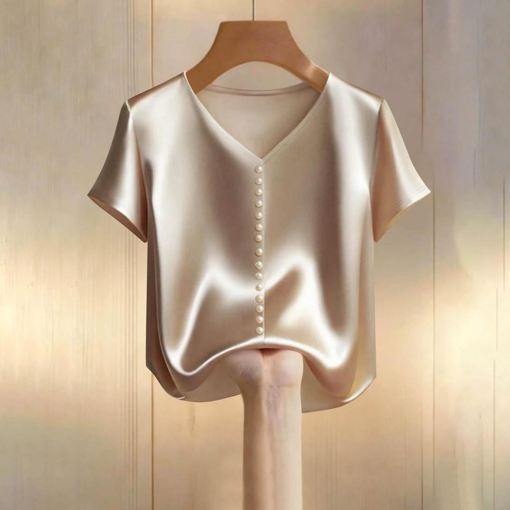 Women's Short-sleeved Satin  Color Top, Elegant Summer V-neck Pearl Button Blouse, Casual Formal Top,