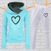 2 Pcs/Set Women Hoodie Pants Suit Heart Print Long Sleeve Elastic Cuff Patch Pocket Drawstring Elastic Waist Ankle-banded Lady Tracksuit