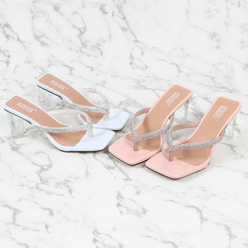 2025 New All-Match Open-Toed Diamond Flip-Flops Comfortable Soft Soles Thick High Heels For Women