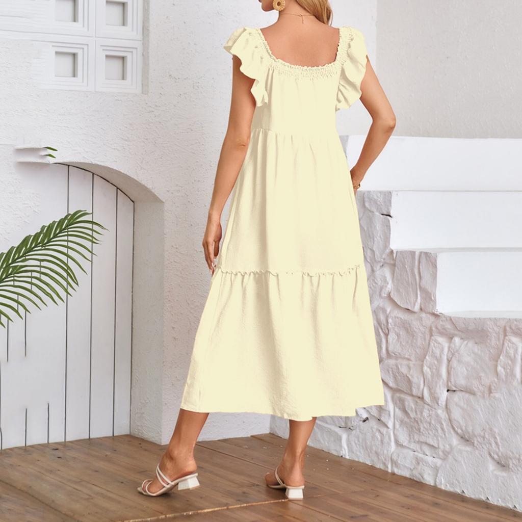 Women's Fashion Loose Fly Sleeve Square Neck Strapless Pleated Splicing Ruffle Hem Dresses