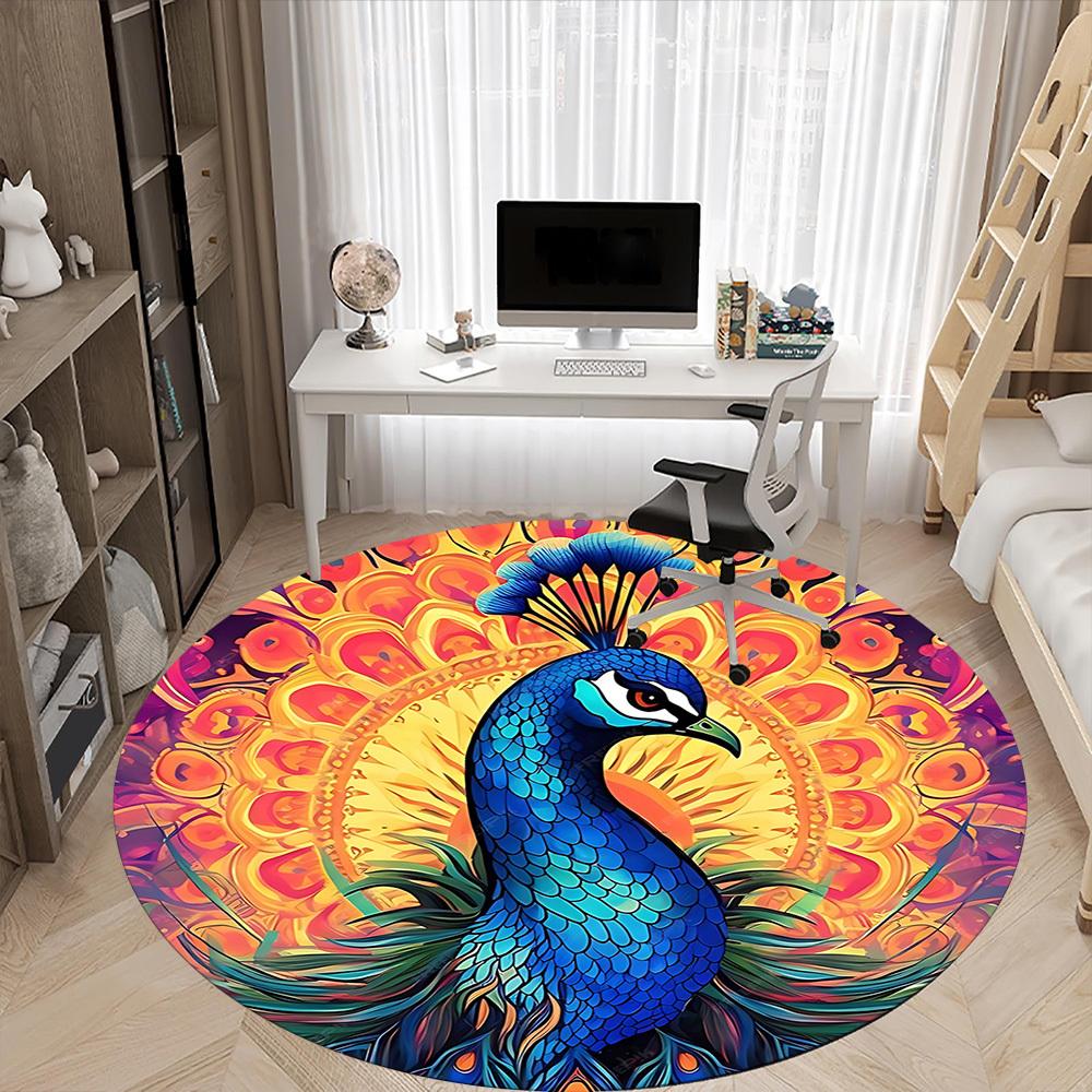 1pc Peacock Mandala Office Round Area Rug, Indoor Mat Suitable ForOffice, Under Office Chairs Bedroom Living Room Home Decor, Room Deco, D097