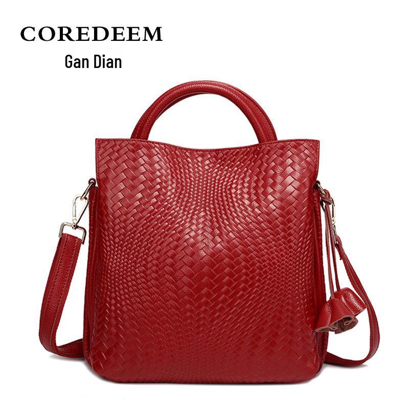 2026 Women's Genuine Cowhide Handbag - Large Capacity, New Woven Pattern Mother's Tote