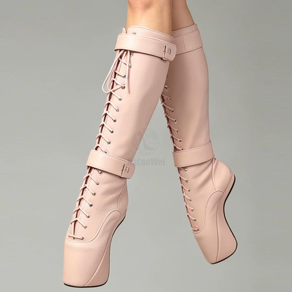 JIALUOWEI Frauen Abschließbare Vorhängeschlösser Fetisch Sexy Spitze Kreuzgebundene Kniehohe Stiefel 18 cm Ballettstiefel Mit Ultrahohem Hufabsatz