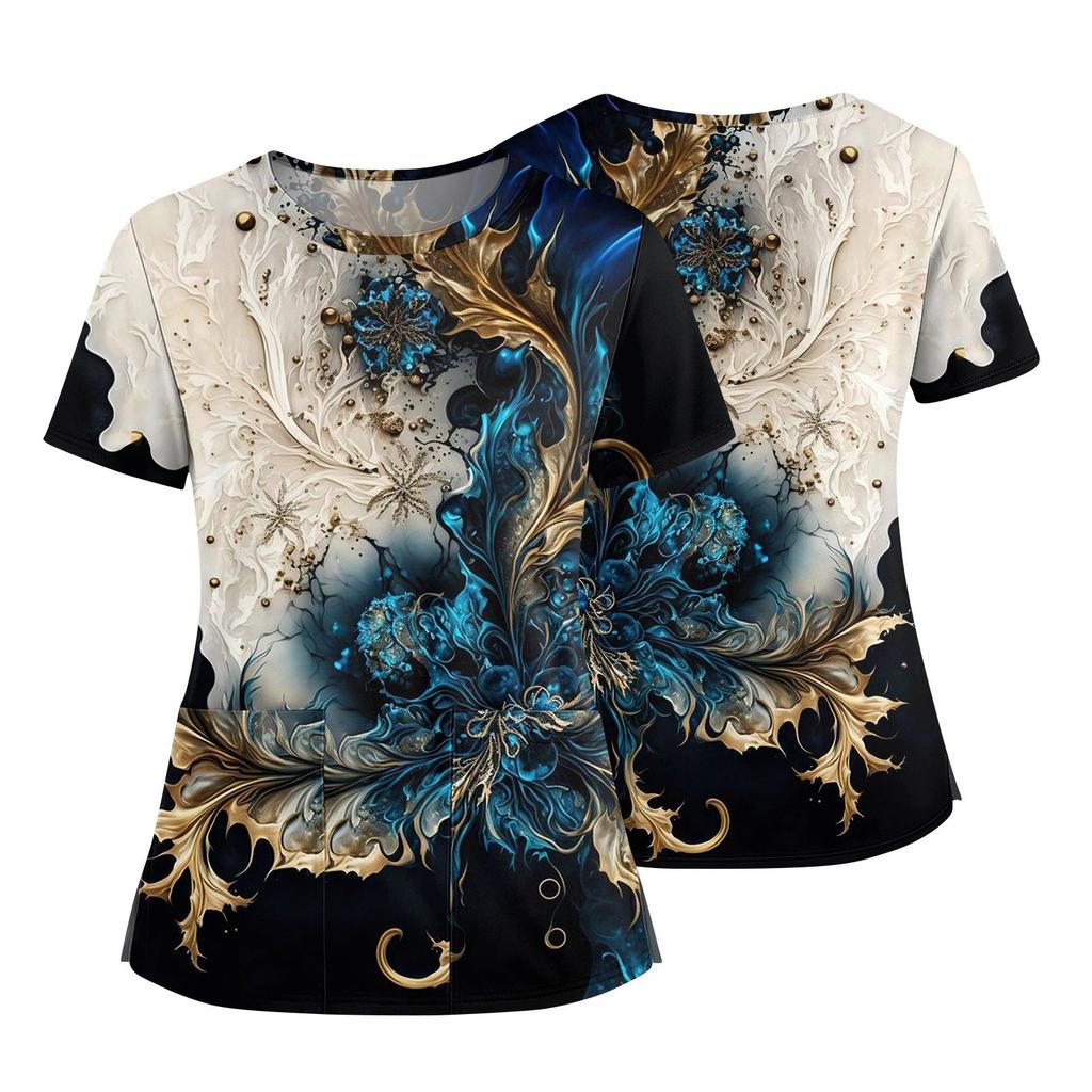 Women's Fashionable Printed Round Neck Pocket Short Sleeved Shirt With Slit Hem Uniform And Worker's Top